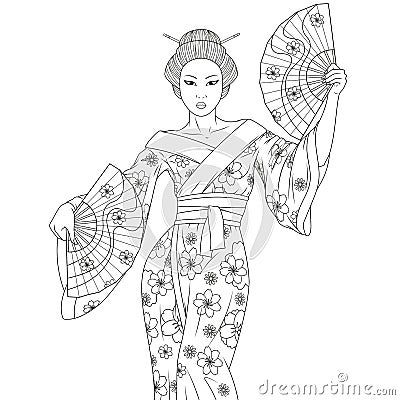 Beautiful geisha with fans Vector Illustration